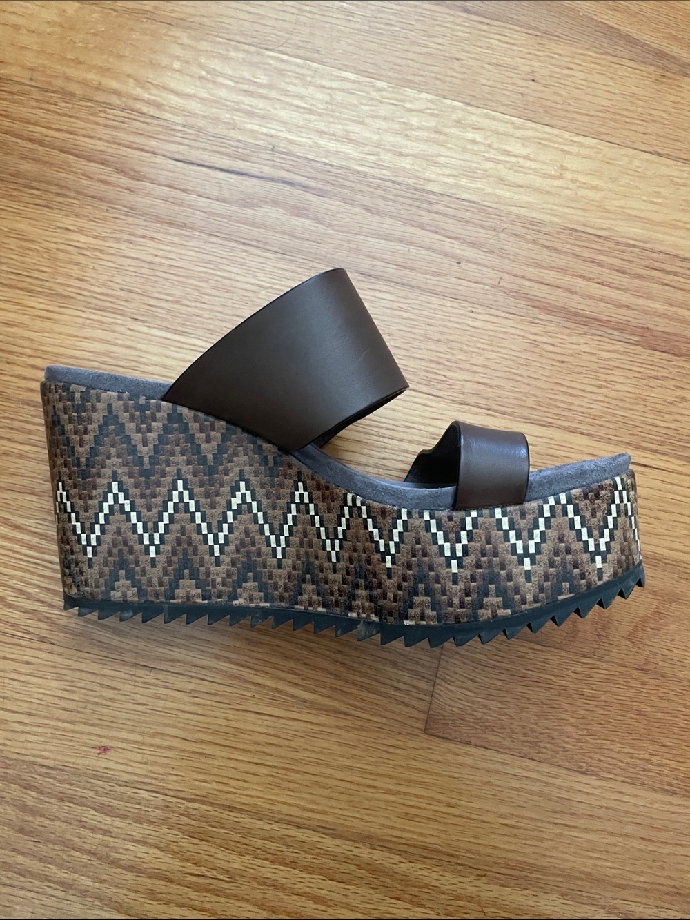 Pedro Garcia Brown Leather Zigzag Platform Wedge Sandals